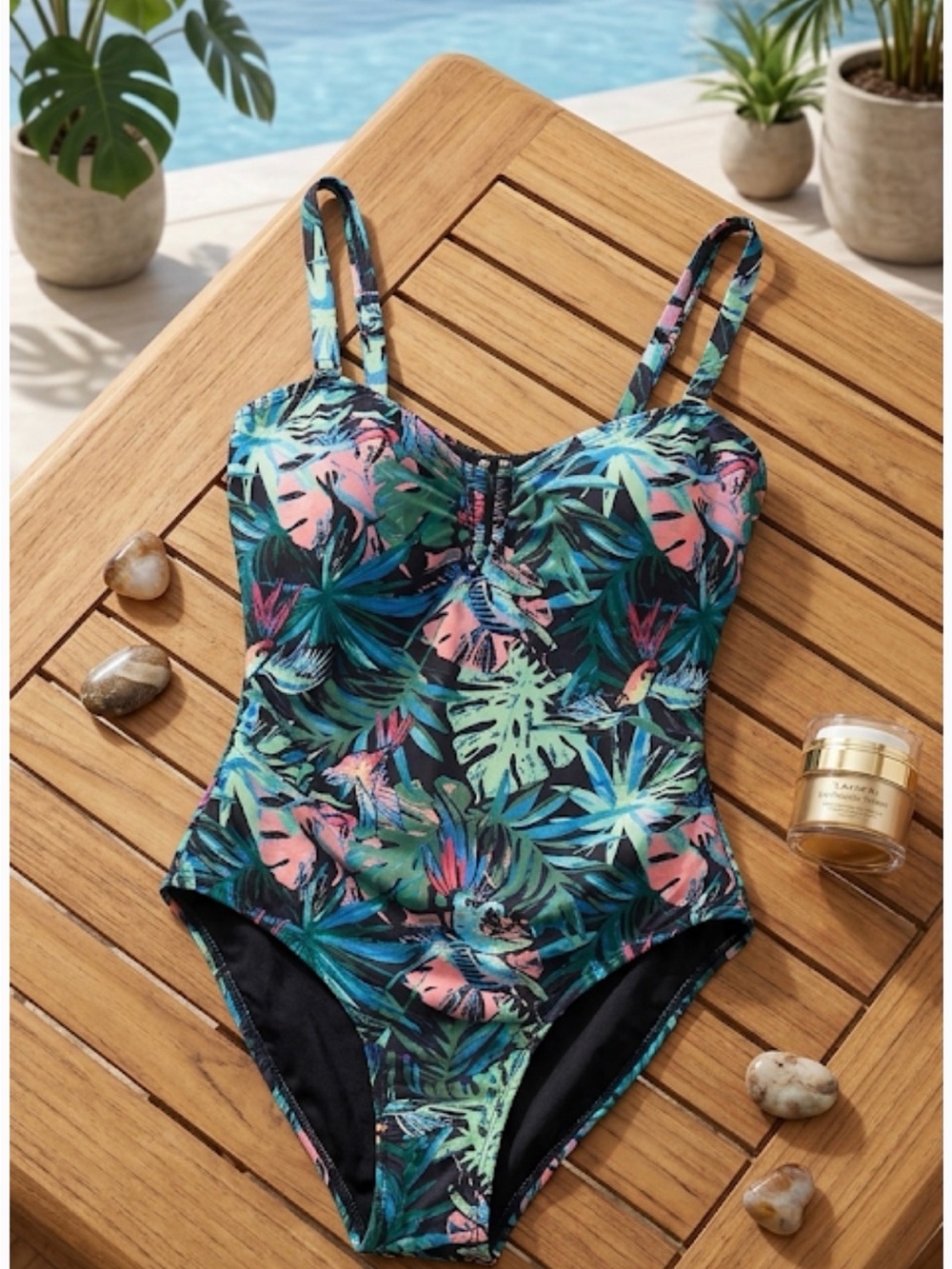 TAhari  2X Tropical Print One-Piece Swimsuit - Green/Blue/Pink